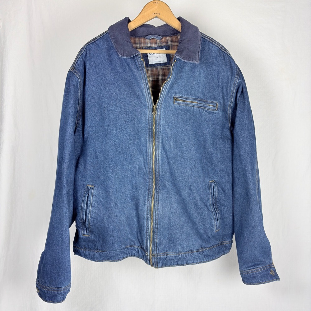 Old Navy Mens Denim Jacket Blue XL Corduroy Collar Plaid Flannel Lined Heavy